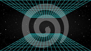 3D wireframe perspective grid room template design vector illustration background.