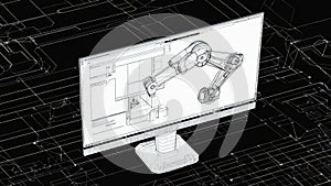 3D Wireframe Robotic Arm Design on Computer Screen