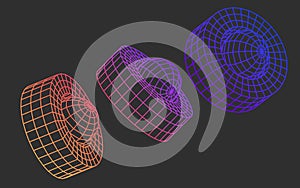 3d wireframe shapes icons set, abstract geometric mesh polygon spheres with rings. Outline colorful grid y2k figures