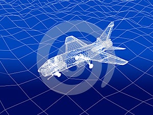 3D wireframe of warplane flies over a sea photo