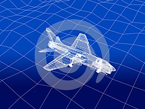 3D wireframe of warplane flies over a sea photo