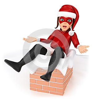 3D Woman christmas superhero stuck in a chimney