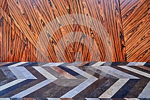 3D wood wall panels with multicolored carpet. Wood veneer wall panels with geometric shapes
