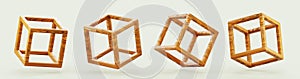 3d wooden cube block frame, wireframe square box in different angles render icon set. Abstract geometric object from