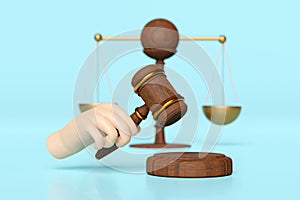 3d wooden judge gavel, hand holding hammer auction with justice scales, stand isolated on blue background. law, justice system