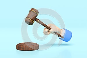 3d wooden judge gavel, hand holding hammer auction with stand isolated on blue background. law, justice system symbol concept, 3d