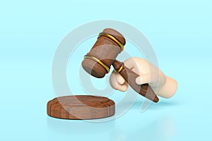 3d wooden judge gavel, hand holding hammer auction with stand isolated on blue background. law, justice system symbol concept, 3d