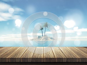 3D wooden table looking out to a defocussed tropical palm tree island