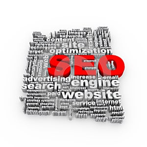 3d Word tags wordcloud of seo search engine optimization