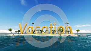 3d word vacation on tropical paradise island with palm trees an sun tents.