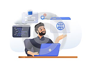 3D Work with software. Man writes code at computer, develops program, website or application. Programmer IT specialist