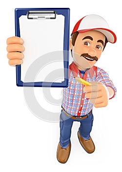 3D Worker with blank clipboard and a pencil