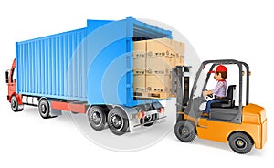 3D Worker driving a forklift loading a container truck photo