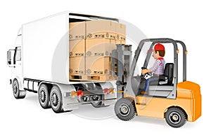 3D Worker driving a forklift loading a truck