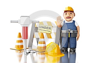 3d Worker with jackhammer, cones and under construction sign