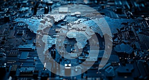 A 3D world map of digital technology, including cloud computing, the internet, connectivity, digital communication, and