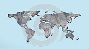 3d world map metal on blue background