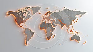 A 3D world map with orange glow