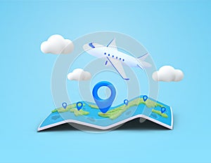 3d world map with pin marker icons, flying airplane, clouds, isolated on background. Travel tour booking banner template