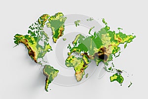 3d World Map Shaded Relief Hypsometric Map Isolated On White Background, 3d illustration