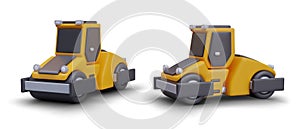 3D yellow and black road roller, view from different angles. Heavy construction equipment