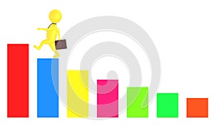 3d yellow character holding a briefcase and wallking on the top of a increasng statitics bar graph photo