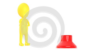 3d yellow character and a red button
