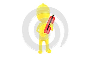 3d yellow character wearing a safety helmet and holding a fire extinguisher in hand