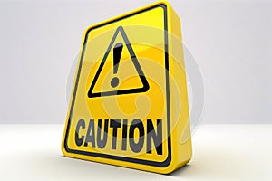 3D Yellow warning sign with exclamation mark on white background