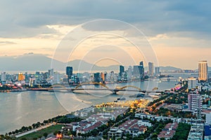 Da Nang city skyline cityscape at Han river at twilight in Da Nang, central Vietnam