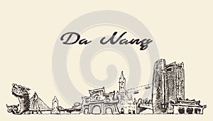 Da Nang skyline Vietnam hand drawn vector sketch