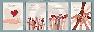 Leaflet - cover with group of volunteer diversity people - editable poster template. Hand up holding a heart in their hand. NGO photo