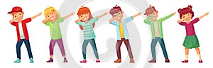 Dabbing kids. Teenagers in dab dance pose, school kid dancing performance and teenager making dab cartoon vector