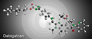Dabigatran molecule. It is anticoagulant medication. Molecular model. 3D rendering