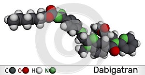 Dabigatran molecule. It is anticoagulant medication. Molecular model. 3D rendering