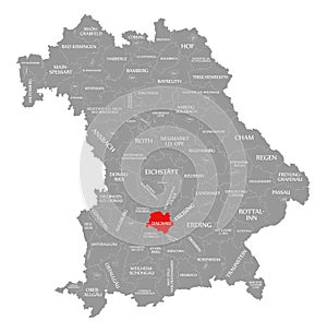 Dachau county red highlighted in map of Bavaria Germany