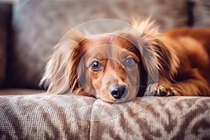 Dachshund or Cocker Spaniel dog lying on couch, cut pet in room, generative AI