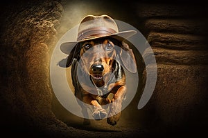 Dachshund Dog archeologist with hat and whip escaping from danger illustration generative ai