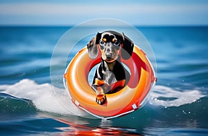 A dachshund dog, black and tan, floats on an orange lifebuoy at sea. Training. The rescue dog.