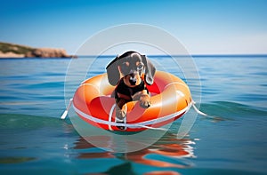 A dachshund dog, black and tan, floats on an orange lifebuoy at sea. Training. The rescue dog.