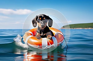 A dachshund dog, black and tan, floats on an orange lifebuoy at sea. Training. The rescue dog.