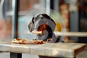 dachshund dog eats a piece of pizza in a dogfriendly caf