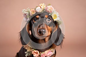 Dachshund dog with flower crown on head on pastel background