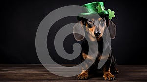 Dachshund dog in a green hat in honor of St. Patrick's Day. Generative AI