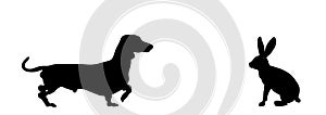Dachshund dog hunter chasing prey rabbit vector silhouette illustration isolated on white background.