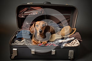 A dachshund dog lies on an open large suitcase among various things and looks carefully at the camera