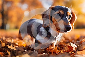 Dachshund dog playing with falling leaves in autumn park