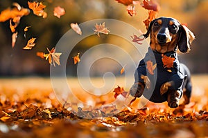 Dachshund dog playing with falling leaves in autumn park