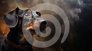 Dachshund dog portrait close up. Dachshund dog. Horizontal banner poster background. Copy space. Photo texture AI generated