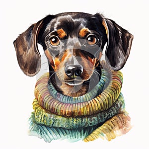 Dachshund dog with scarf. Digital watercolor illustration. generative AI